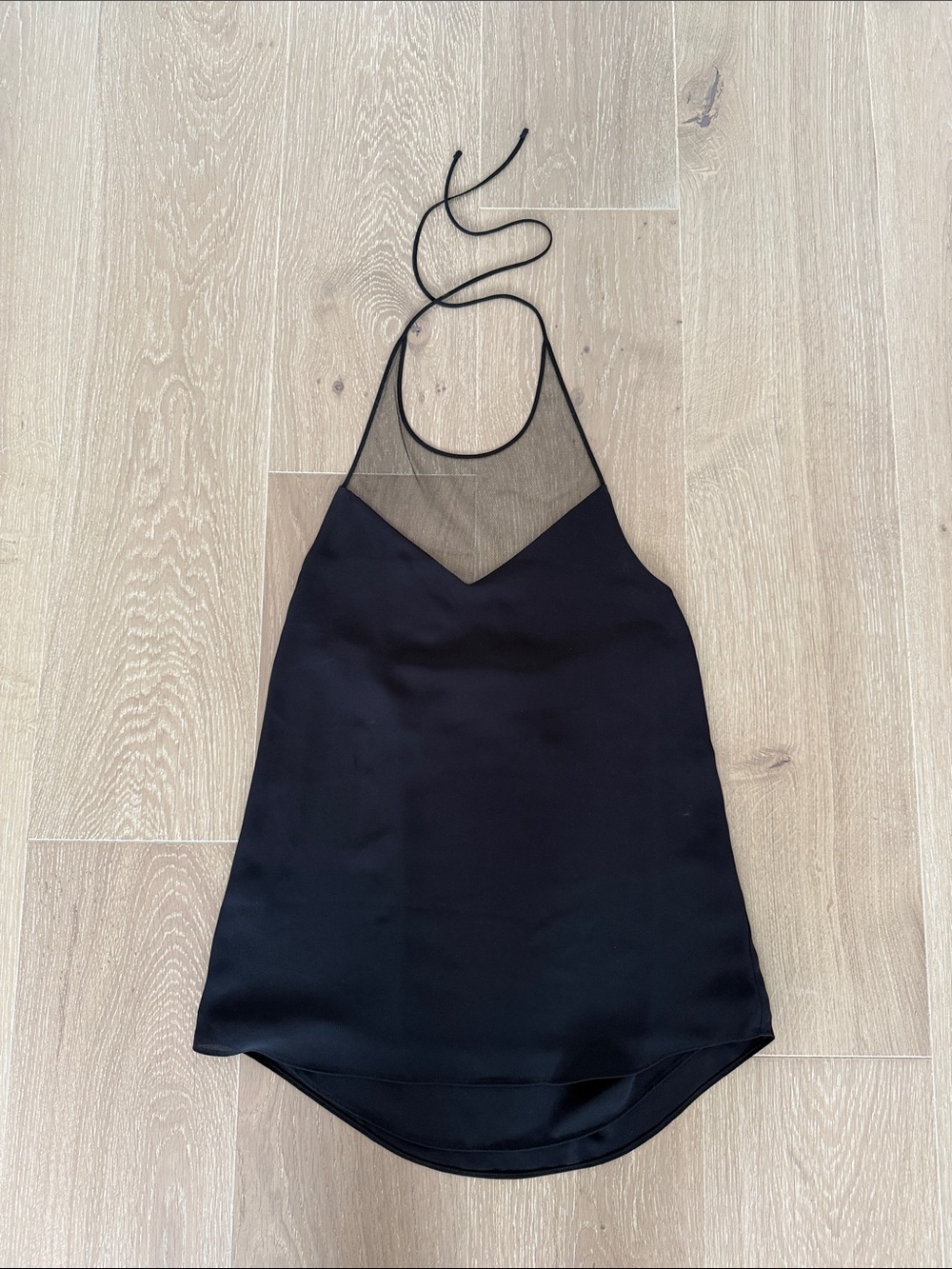 Babaton Black Satin Halter Camisole with Mesh Yoke